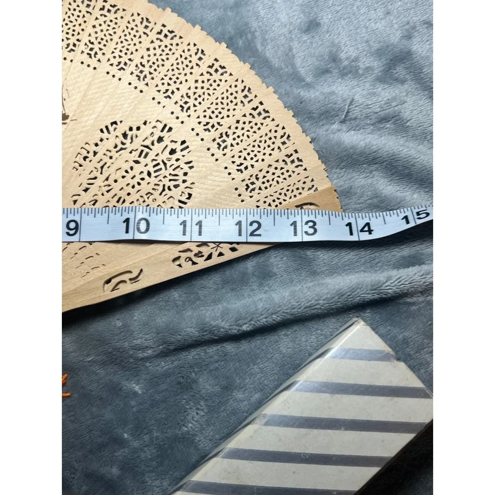 Vintage Carved Wood Hand Fan Pagoda Box Tassel Asian Decor Folding 14in